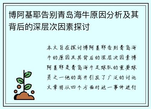 博阿基耶告别青岛海牛原因分析及其背后的深层次因素探讨