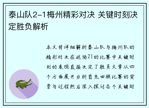 泰山队2-1梅州精彩对决 关键时刻决定胜负解析