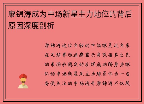 廖锦涛成为中场新星主力地位的背后原因深度剖析