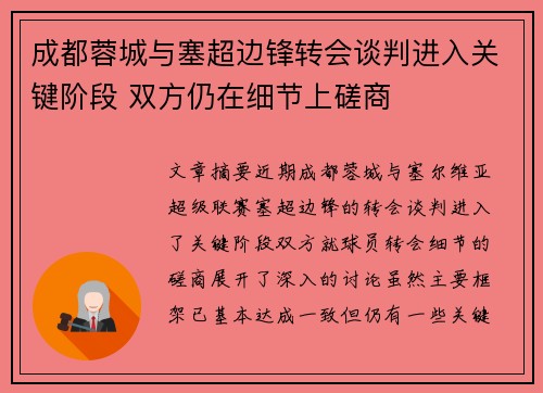 成都蓉城与塞超边锋转会谈判进入关键阶段 双方仍在细节上磋商